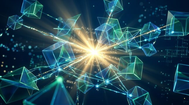 Abstract visualizations of linear programming concepts using geometric shapes and data flow.