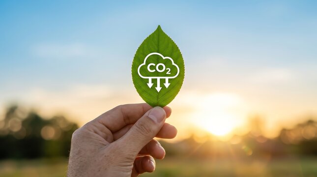 Hand holding a green leaf with a carbon reduction icon against a blue sky to decrease CO2 emissions.