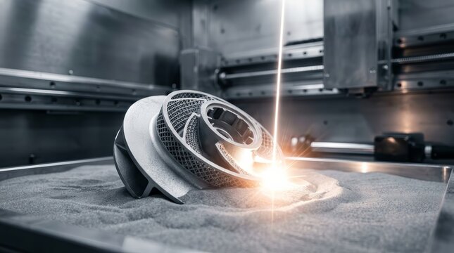 3D printer fabricating a metal pump impeller prototype with intricate lattice structures.