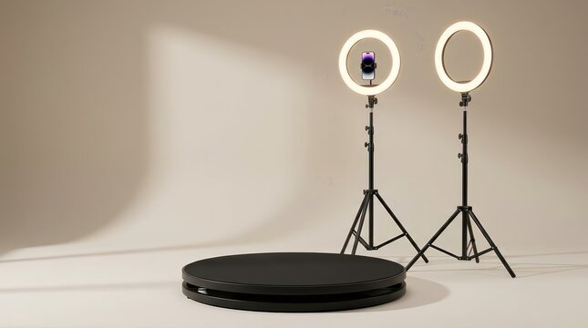 360 photo booth camera equipment with ring light and rotating platform on white background.