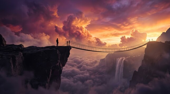A silhouette of a person standing by a rope bridge, symbolizing finding new ways and flexibility after failure.