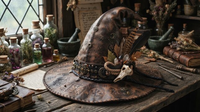 Leather witch hat with magical symbols on a rustic wooden table