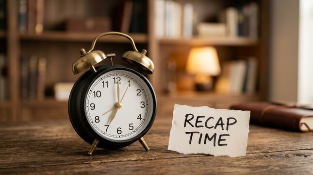An alarm clock and a recap time note for organized schedule planning and task review.