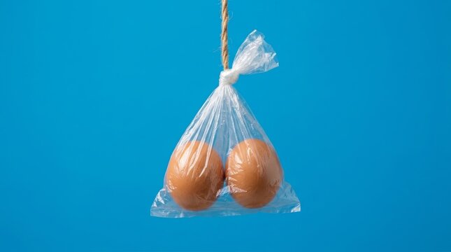 Two brown eggs in a plastic bag hanging from a rope against a blue background for men's health concept.
