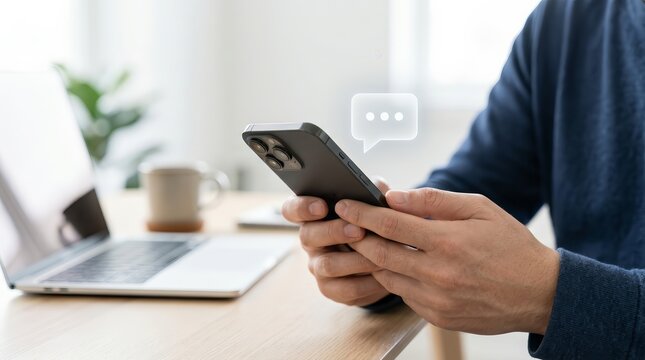 Person using a smartphone with a chat icon overlay for online communication.