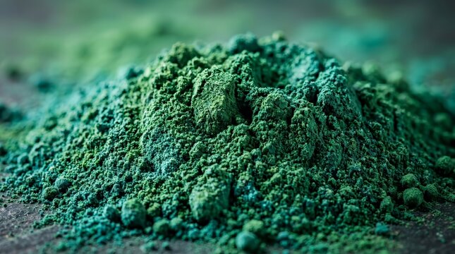 Macro closeup of a heap of green spirulina algae powder.