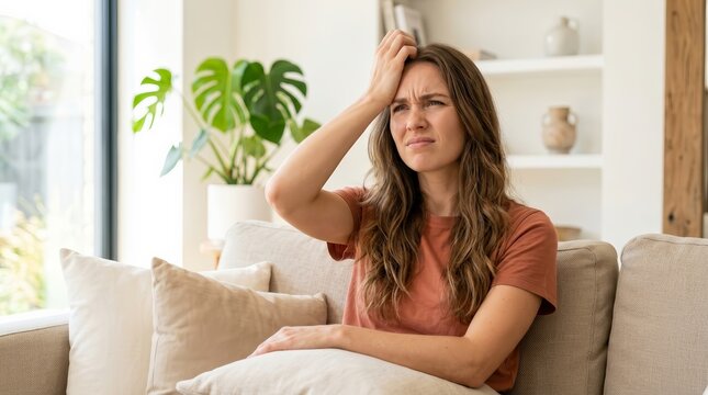 A woman remembering something that she has forgotten while sitting on a sofa.