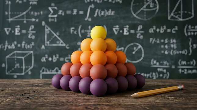 Colored marbles arranged in a pyramid representing probability and statistics concepts on a wooden table.