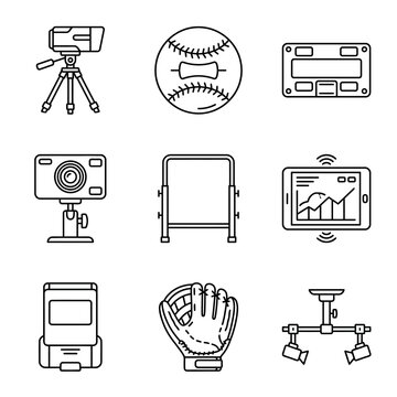 Baseball Equipment and Technology Icons: Camera, Pitching Machine, Scoreboard, Glove, Tablet