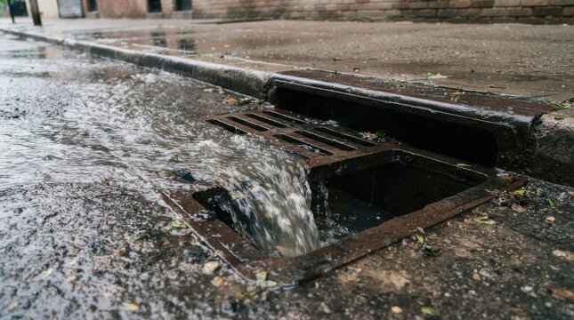 Stormwater flowing into a metal street drain on a wet asphalt road