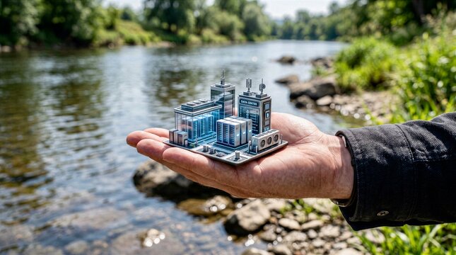 Miniature AI Data Center in Man&rsquo;s Hand Beside River, Technology and Water Infrastructure Concept