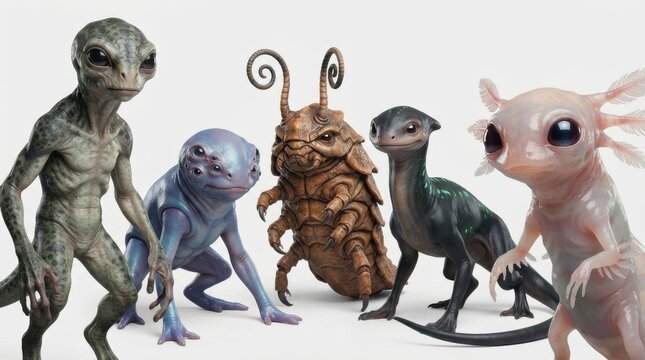 Collection of five diverse fantasy alien creatures and monsters