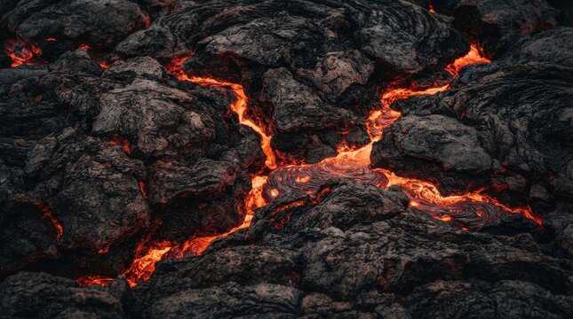 Molten lava flowing through cooling dark volcanic rock cracks