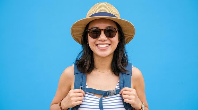 Smiling young woman wearing sun hat and sunglasses with backpack