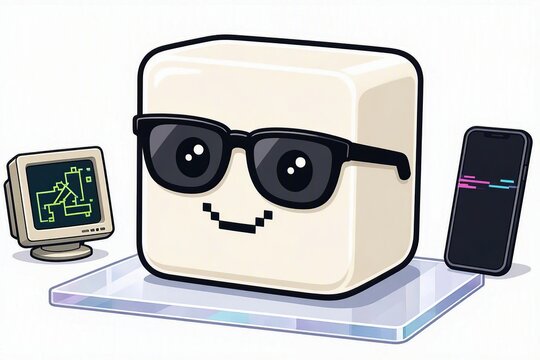 Cute digital illustration of a cool cube character wearing sunglasses with a retro computer and a smartphone isolated on a white background.