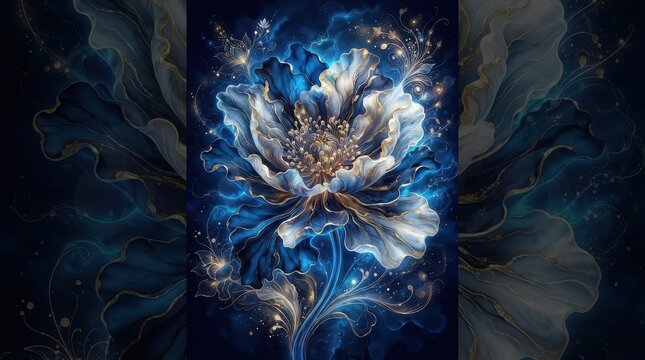 Abstract blue and gold flower illustration with glowing lights