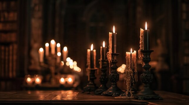 Burning candles in vintage holders glowing inside a dimly lit ancient library