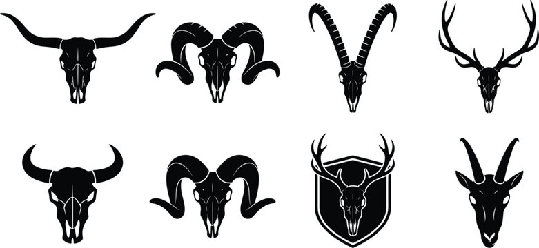 Animal skull vector silhouettes collection featuring horned cattle ram deer and goat heads