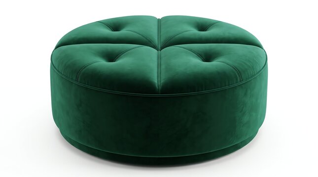 Emerald green velvet round ottoman with button tufted design for interior space.