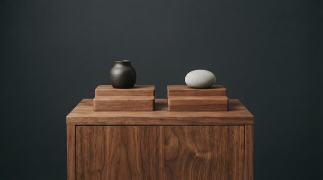 Minimalist wooden cabinet with decorative objects on top against dark wall