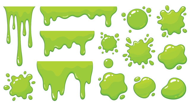 Bright green liquid slime drips and gooey splatters isolated on a clean crisp white background