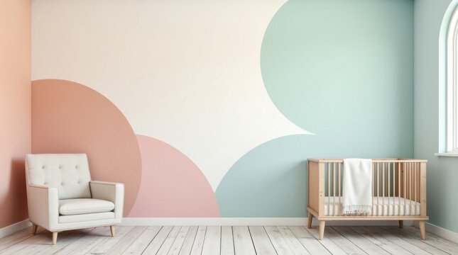 Habitaci&oacute;n de beb&eacute; con una pared que exhibe parches de colores pastel cuidadosamente pintados en tonos melocot&oacute;n suave, rosa empolvado, menta p&aacute;lido y azul cielo