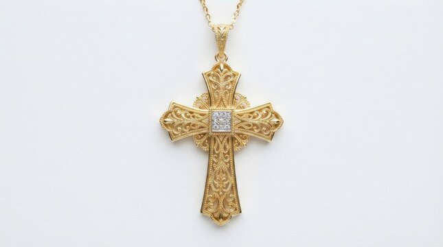 Ornate gold cross pendant with diamonds hanging on a chain