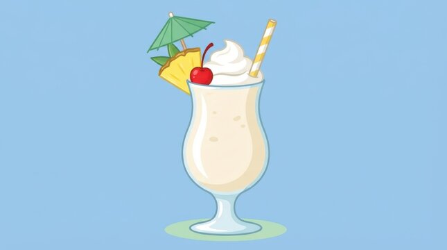 Cartoon illustration of a tropical cocktail with whipped cream and pineapple slice