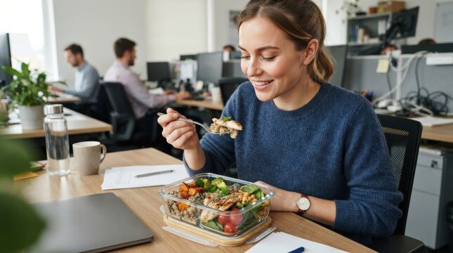 Woman eating healthy lunch from a glass container at office desk