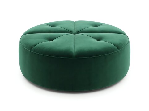 Round green velvet biscuit tufted ottoman with elegant central seam detail.