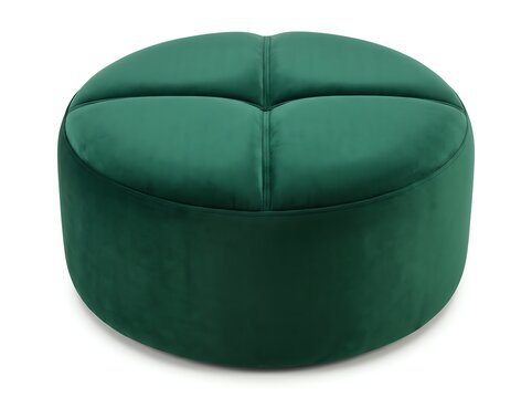 Round green velvet divided ottoman pouf in minimalist contemporary style.