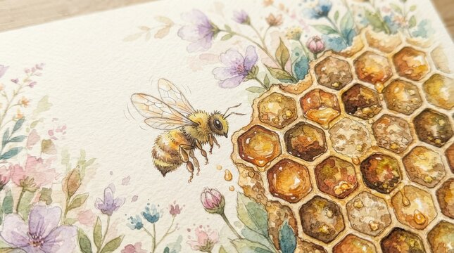 Watercolor painting of a bee near a honeycomb with flowers