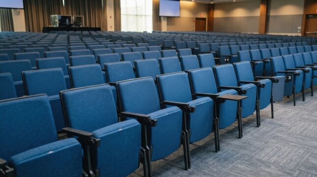 Empty large auditorium with rows of blue upholstered chairs and carpet