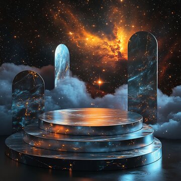 Levitating Cosmic Dais with Mesmerizing Stellar Particles and Pulsing Aurora