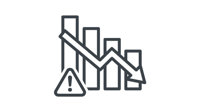 Declining bar chart showing downward financial trend with a warning sign icon in grey outline style