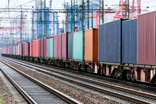 Container train travels along railway tracks near a shipping port during daylight hours