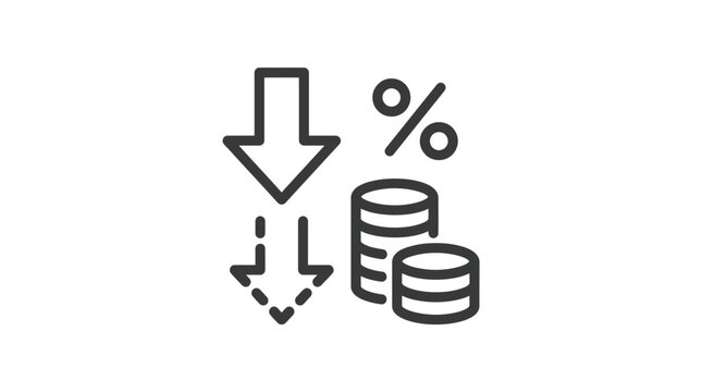Minimalist vector icon showing downward financial trends with stacked coins and bold percentage symbol graphics
