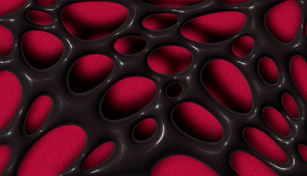 HIGH-QUALITY 3D RENDER OF AN ABSTRACT ORGANIC BACKGROUND. A SHINY BLACK FLUID-LIKE MESH WITH CIRCULAR HOLES OVERLAYS A VIBRANT RED TEXTURED SURFACE. FUTURISTIC VORONOI PATTERN DESIGN