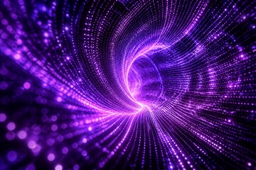 Fototapeta premium Vibrant purple light swirls in cosmic, digital vortex. Points of glowing energy pulse and dance. Abstract tunnel radiates motion and mystery. Perfect for futuristic, tech, or sci-fi themes