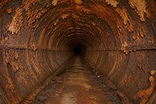 Rusty tunnel stretches into darkness. Walls show heavy corrosion and decay. Dirt and grime cover every surface. Deep shadows linger in the distance. Ideal for industrial or abandoned themes