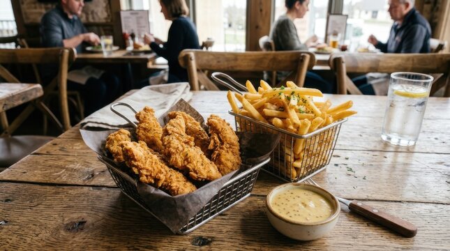 Fried chicken tenders and French fries in wire baskets on a rustic wooden table