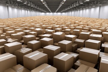 Obraz premium Large warehouse filled with numerous cardboard boxes stacked on the floor in a well-lit space