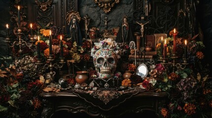 Fototapeta premium Day of the Dead altar with decorated sugar skull and candles