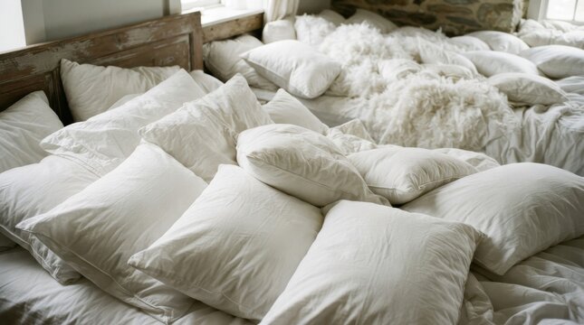 Large pile of white pillows and fluffy bedding in a bedroom