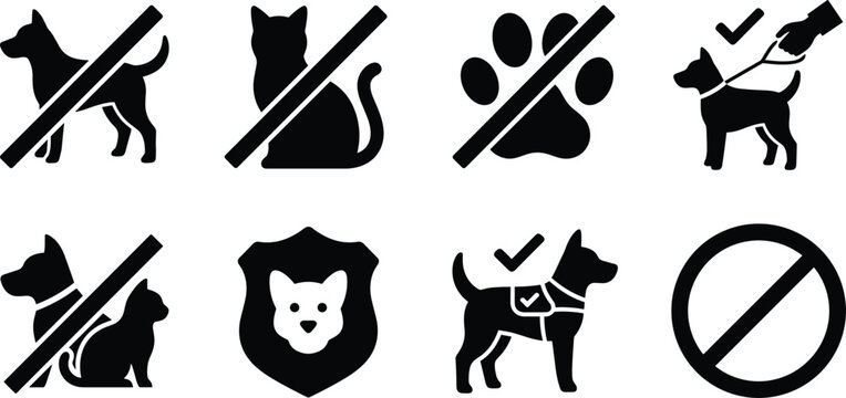 Set of pets allowed and forbidden vector icons with black silhouette design