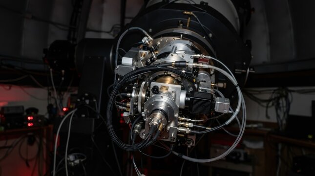Complex scientific instrument and cables inside an observatory dome