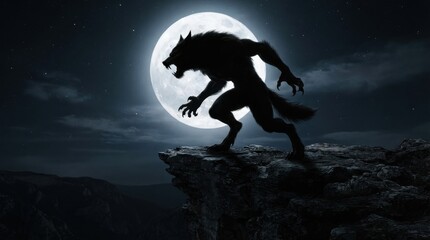 Fototapeta premium Werewolf silhouette howling on a cliff under a full moon