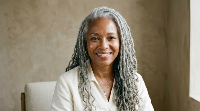Smiling mature woman with grey dreadlocks sitting in a room
