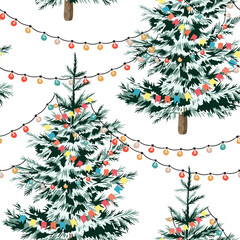 Obraz premium Christmas tree, checkboxes, electric garland seamless pattern. Winter holiday illustration.