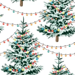 Christmas tree, checkboxes, electric garland seamless pattern. Winter holiday illustration. © good_mood